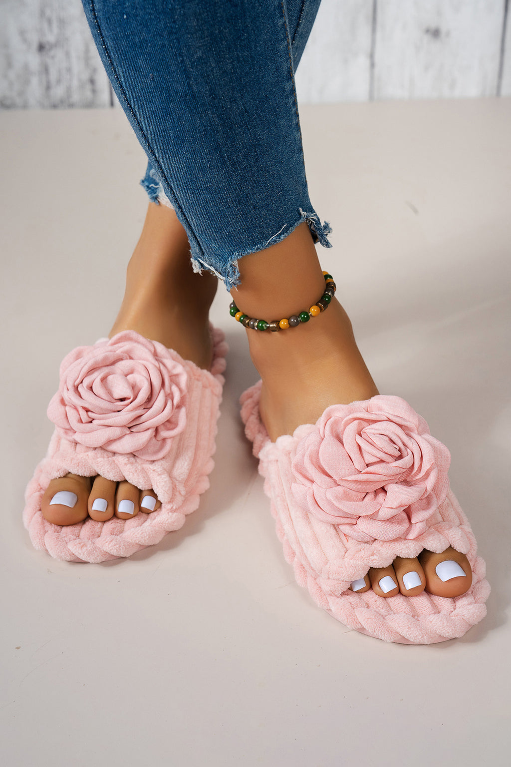 Pink Solid Color 3D Flower Accent Corded Ribbed Open Toe Slippers 🇺🇸