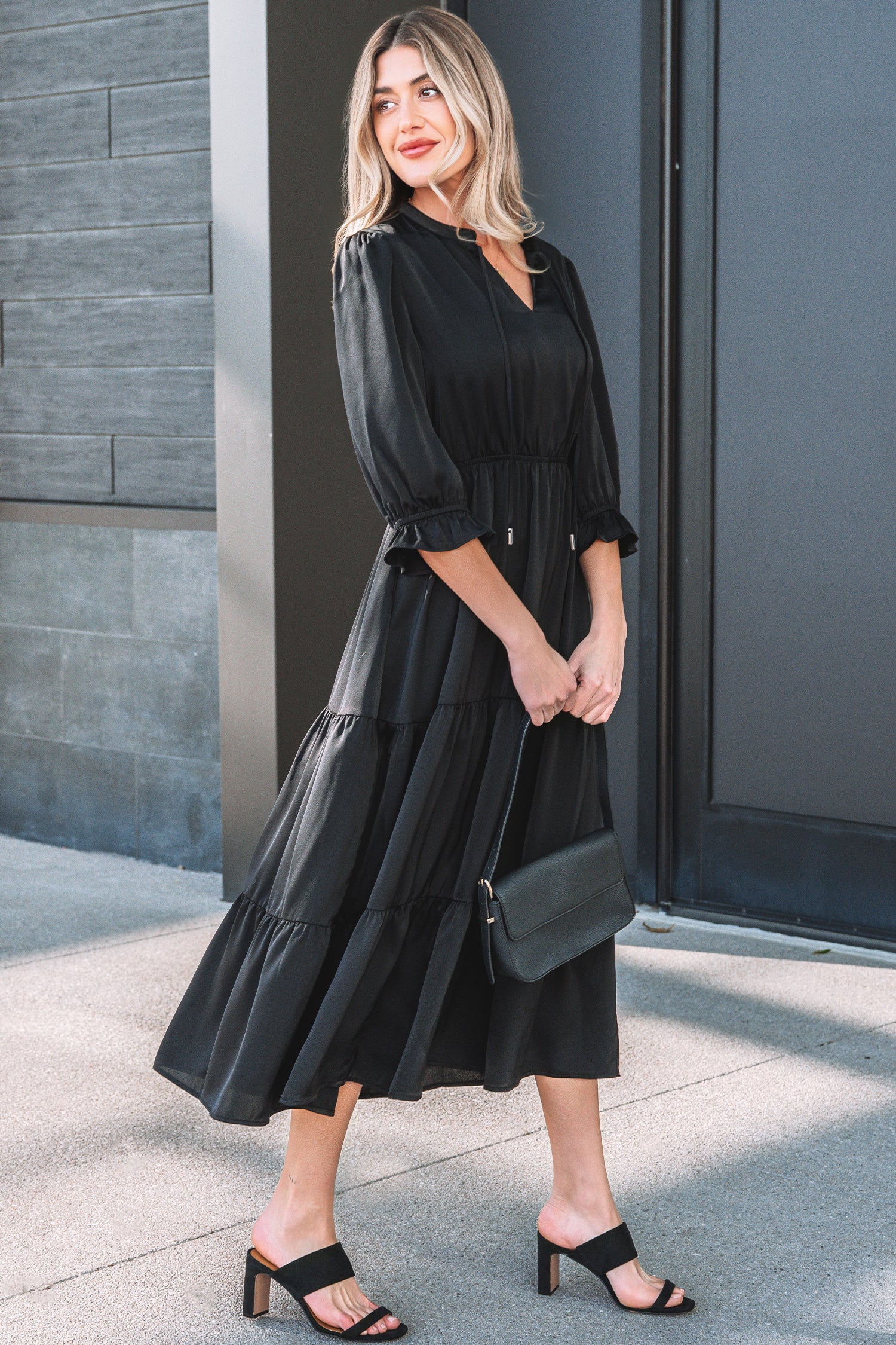 Black Flounced Bracelet Sleeve V Neck Tiered Maxi Dress 🇺🇸