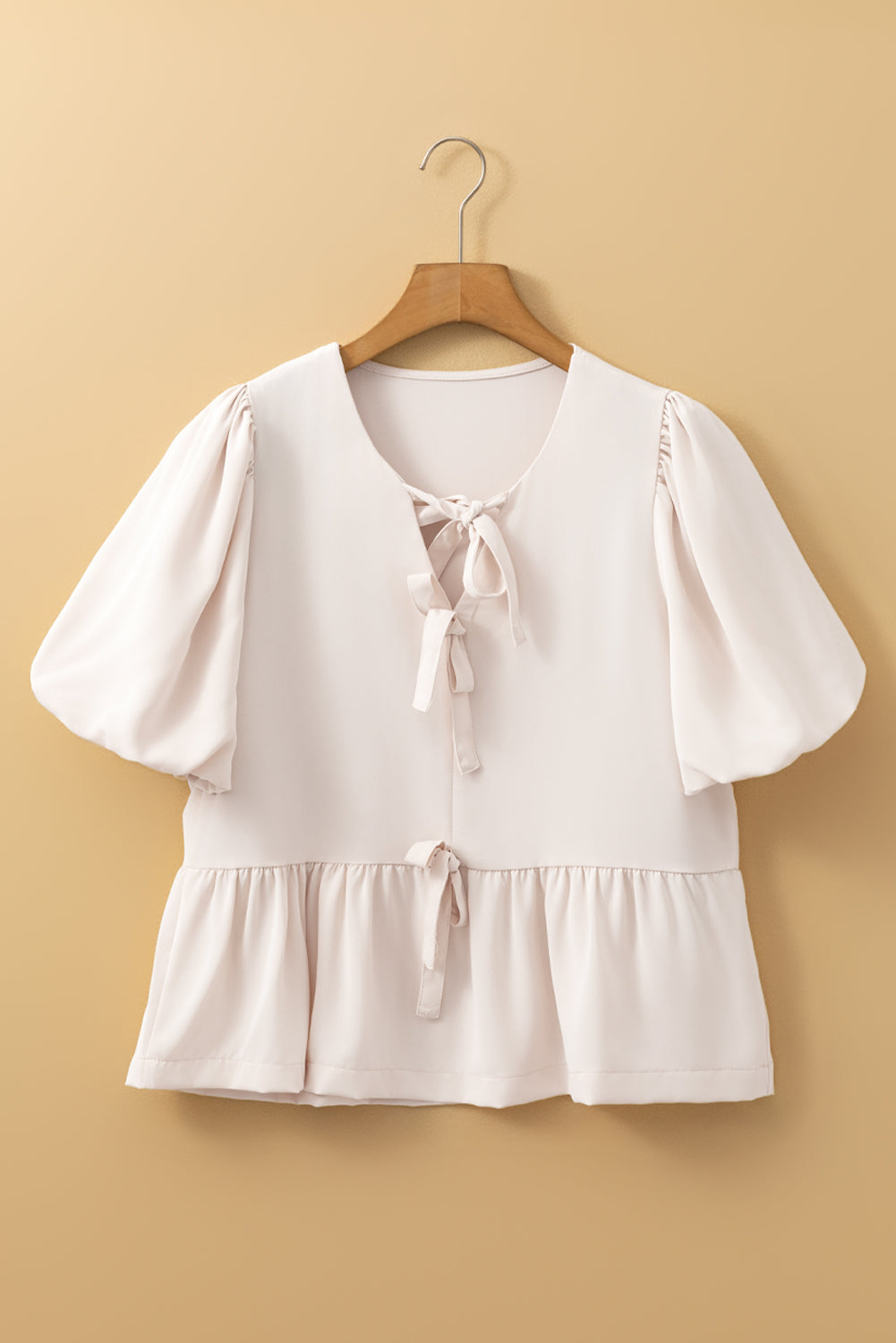 White Bow Tie Short Puff Sleeve Ruffle Hem Blouse 🇺🇸