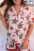 White Leopard Star Ribbon Bow Print Contrast Trim Short Pajama Set 🇺🇸