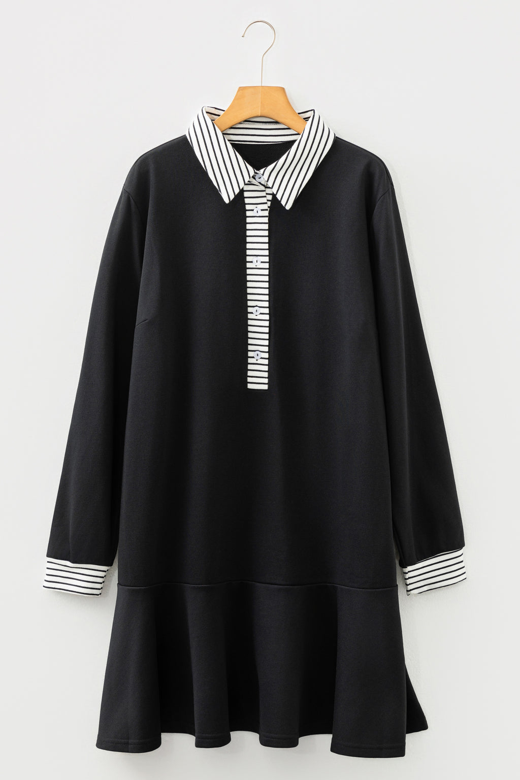 Black Plus Size Striped Cuffs Polo Collar Patchwork Long Sleeve Ruffle Hem Dress 🇺🇸