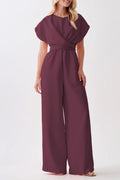 Burgundy Solid Color Cap Sleeve Knot Waist Shift Jumpsuit 🇺🇸