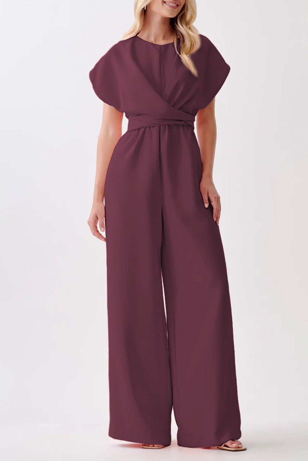 Burgundy Solid Color Cap Sleeve Knot Waist Shift Jumpsuit 🇺🇸