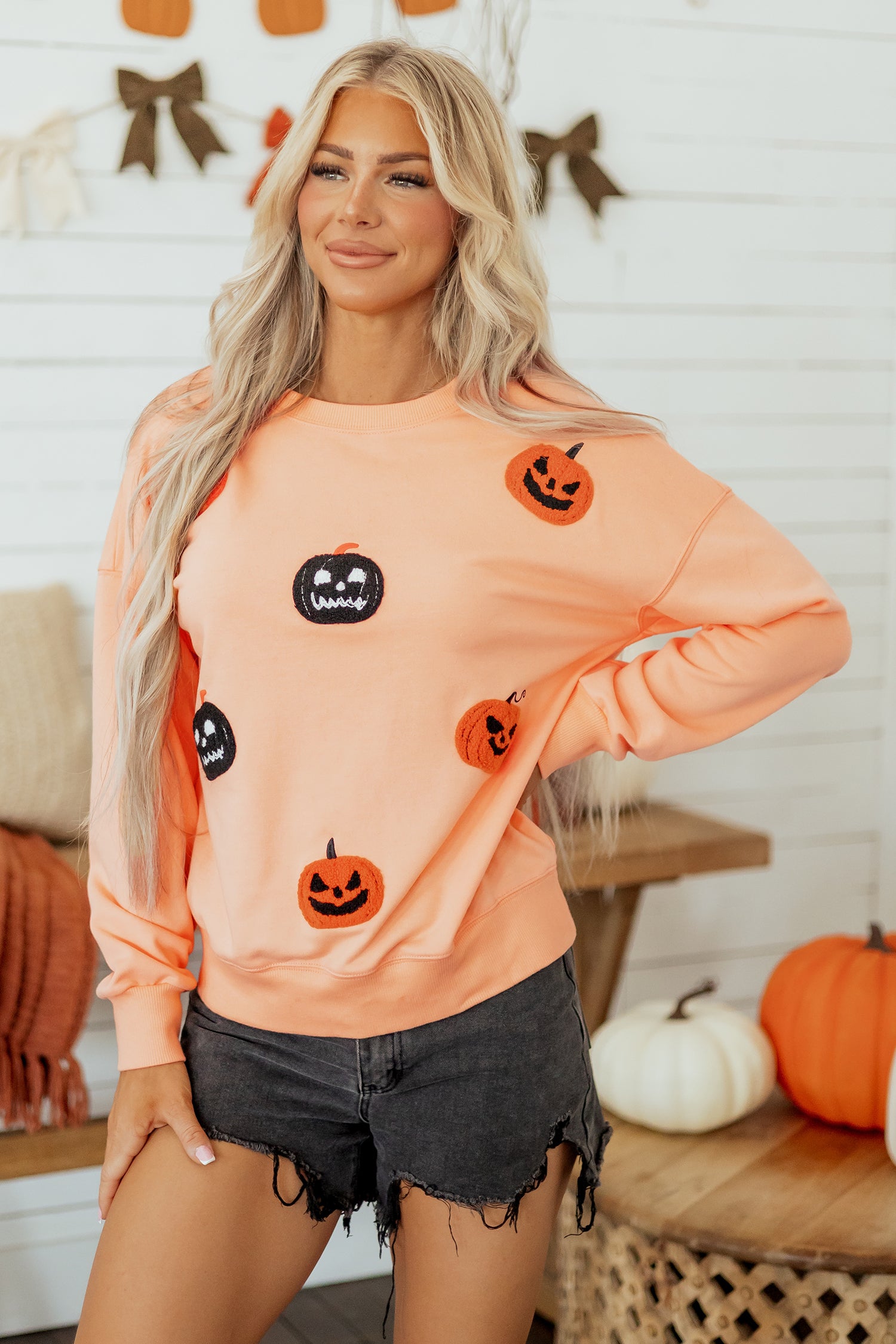Orange Embroidered Pumpkin Face Drop Shoulder Sweatshirt 🇺🇸