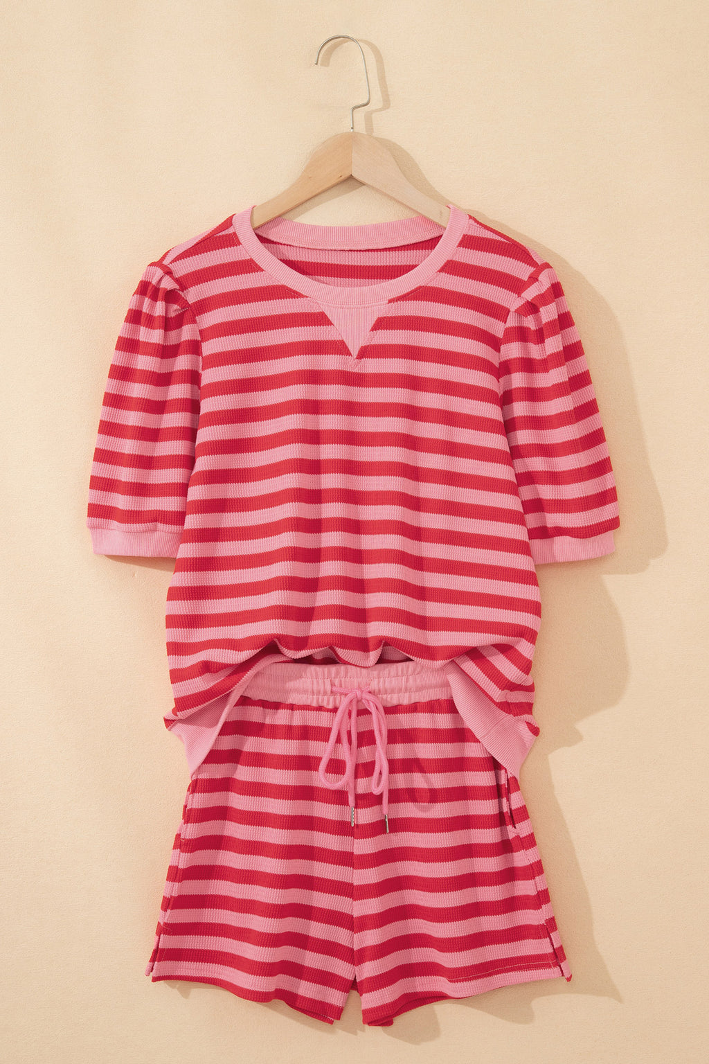 Red Stripe Puff Short Sleeve T Shirt Matching Shorts Set 🇺🇸