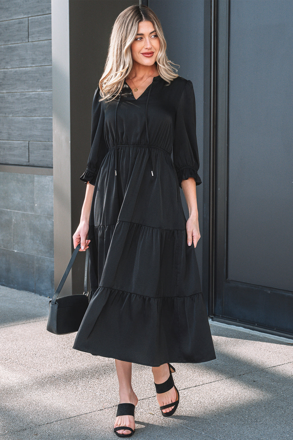 Black Flounced Bracelet Sleeve V Neck Tiered Maxi Dress 🇺🇸
