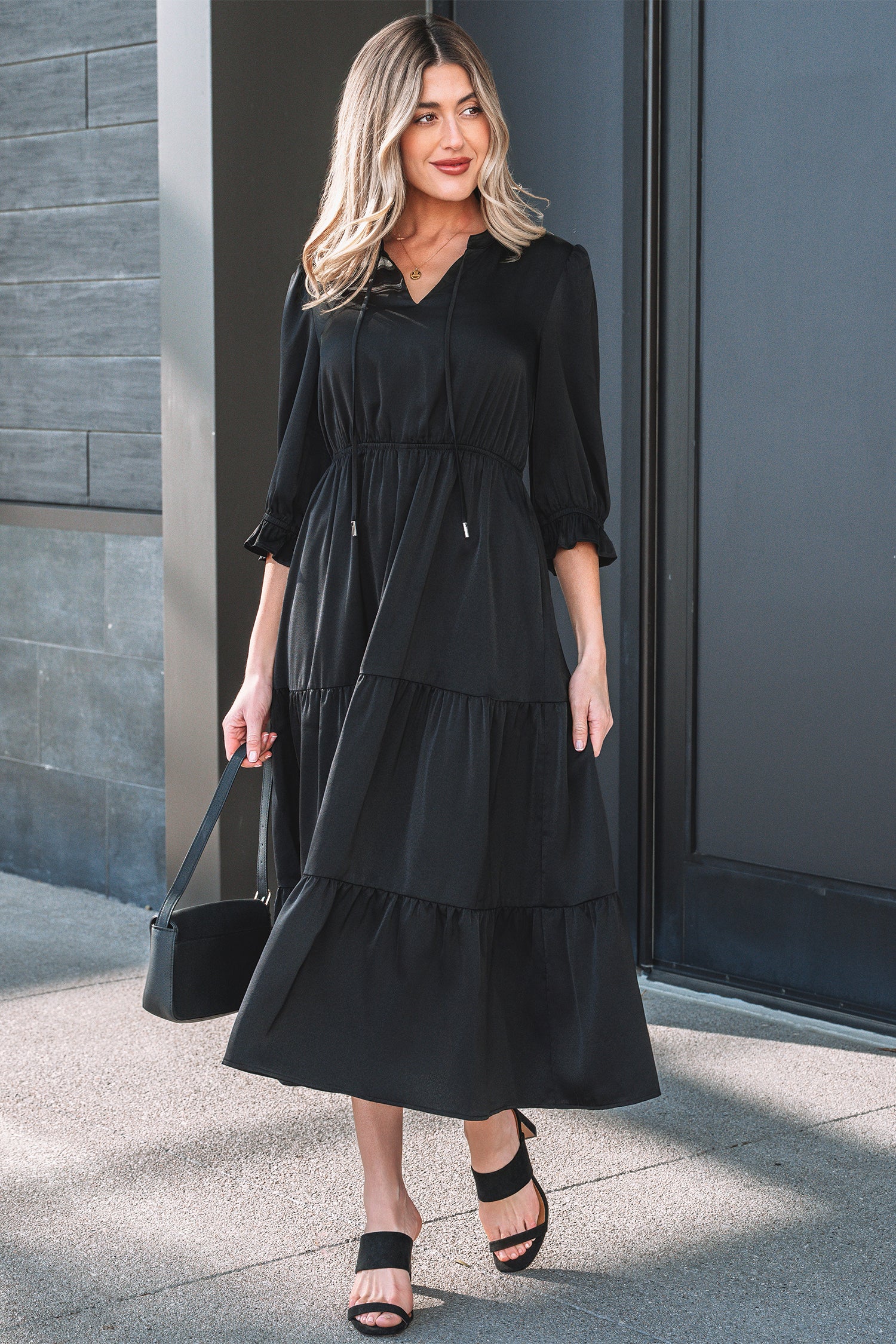Black Flounced Bracelet Sleeve V Neck Tiered Maxi Dress 🇺🇸