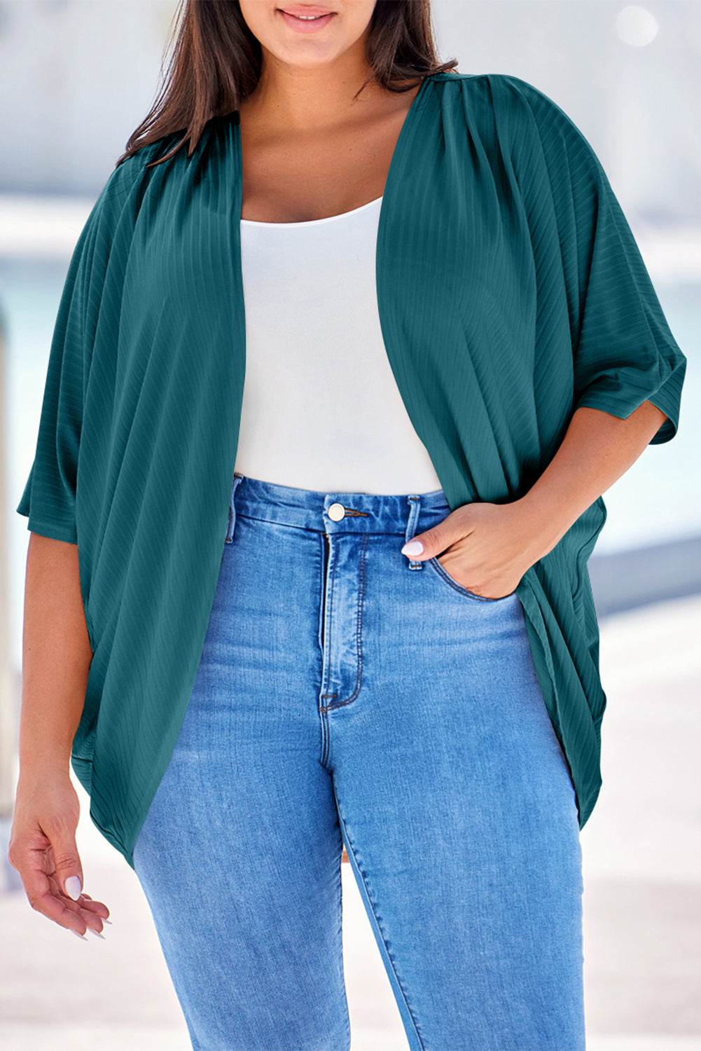 Green-2 Shimmer Ribbed Texture Plus Size Cardigan 🇺🇸