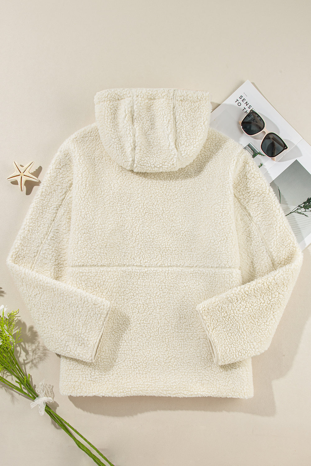 Beige Fleece Zip Up Drawstring Hooded Pocketed Jacket 🇺🇸