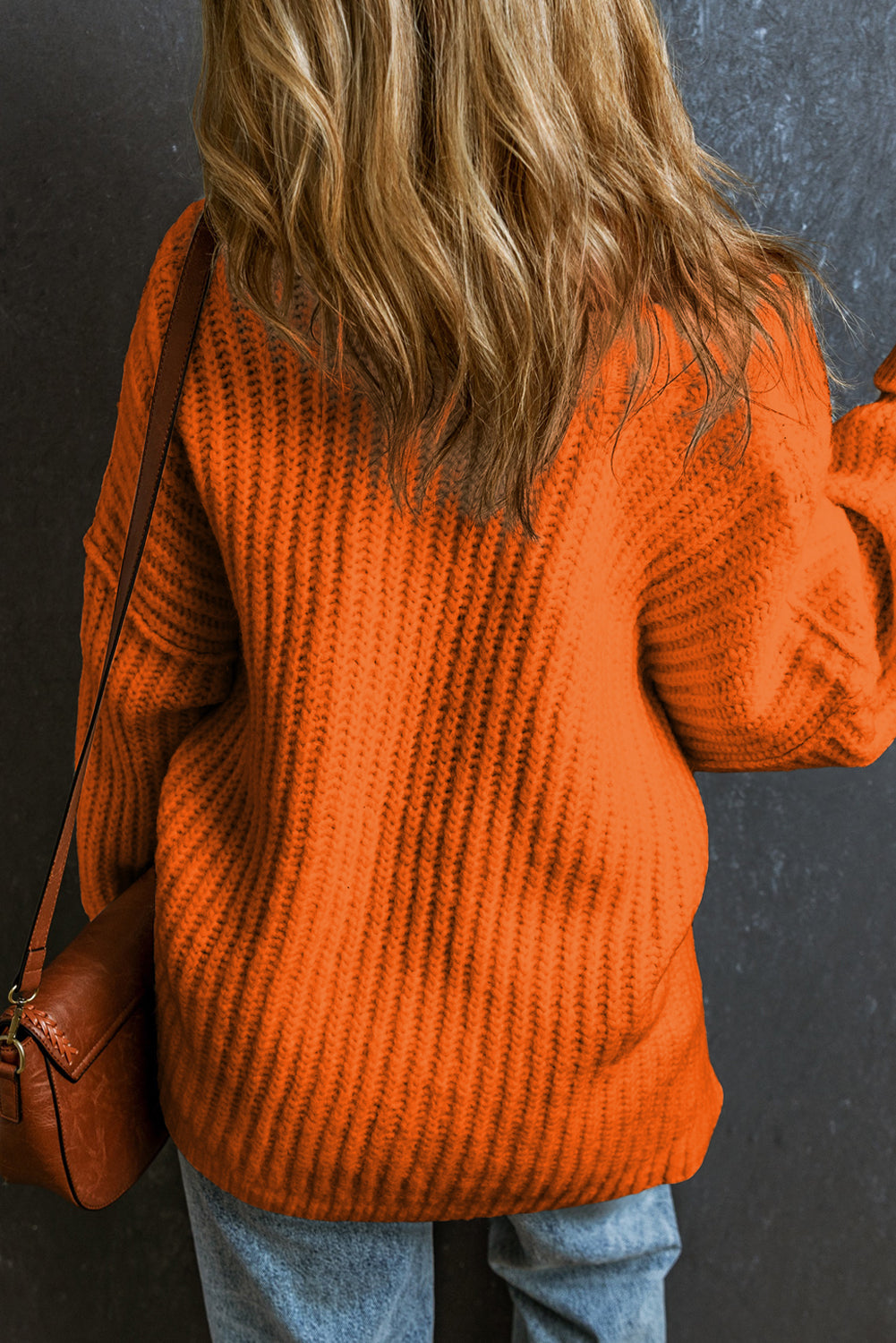 Orange Ribbed Knit Round Neck Slouchy Chunky Sweater 🇺🇸