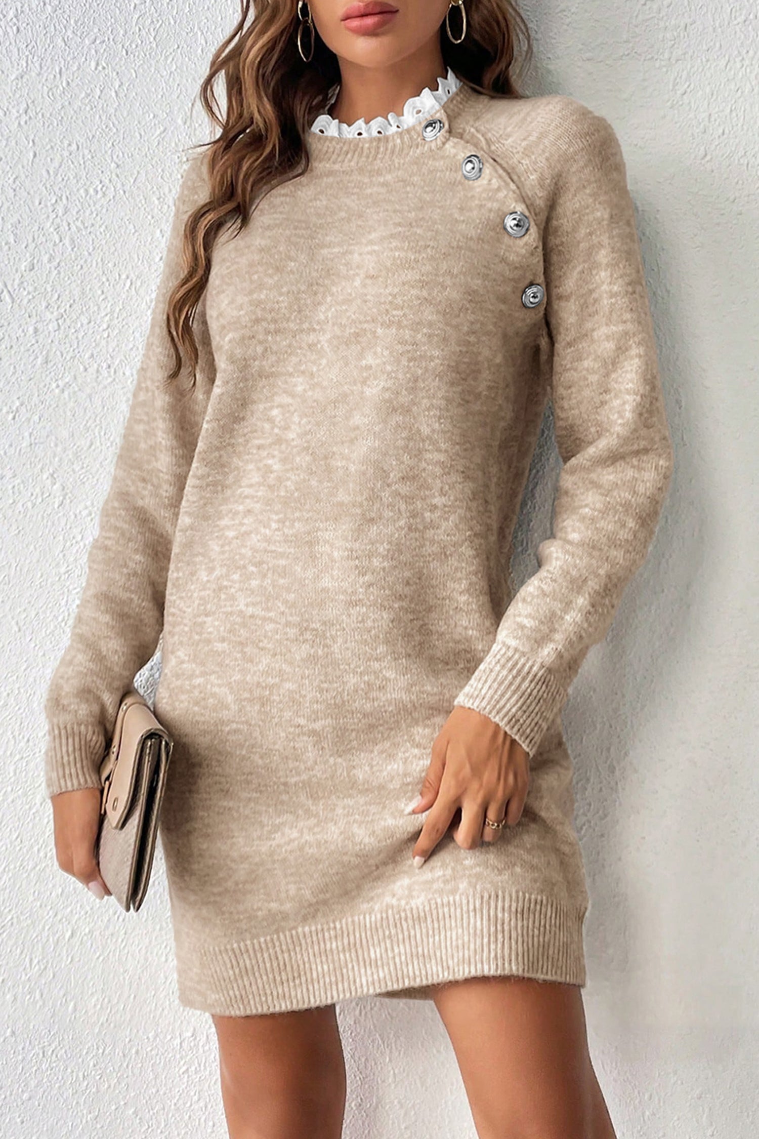Parchment Button Lace Detail Raglan Sleeve Shift Mini Sweater Dress 🇺🇸