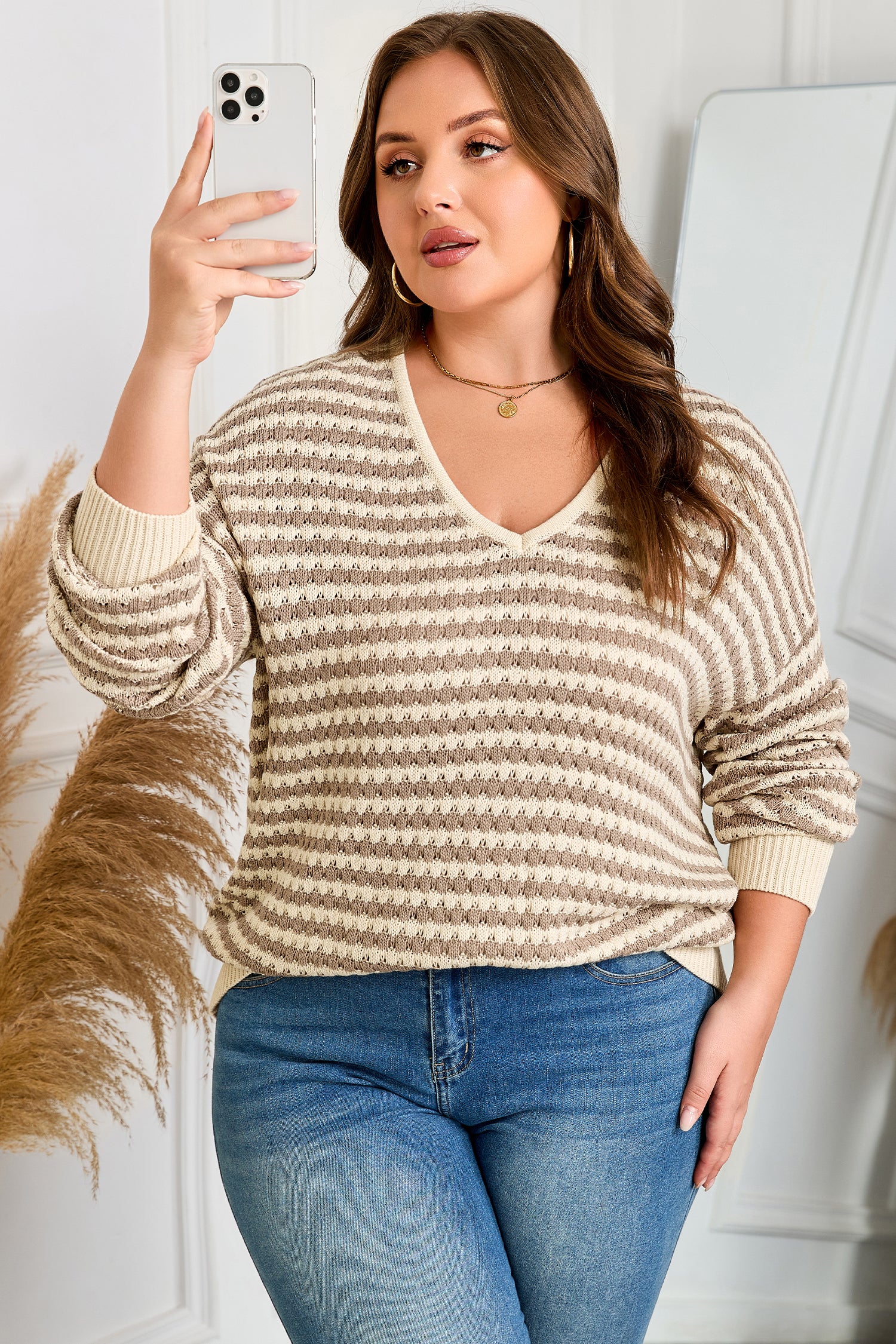 Khaki Stripe Plus Size V Neck Drop Shoulder Sweater 🇺🇸