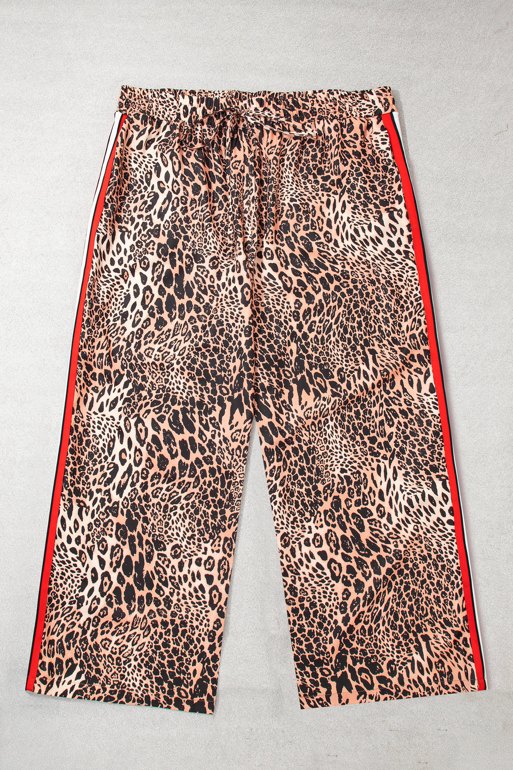 Khaki Leopard Print Colorblock Side Stripes Wide Leg Full Length Plus Size Pants 🇺🇸
