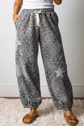 Gray Leopard Print Star Patched Drawstring Elastic Waist Jogger Pants 🇺🇲