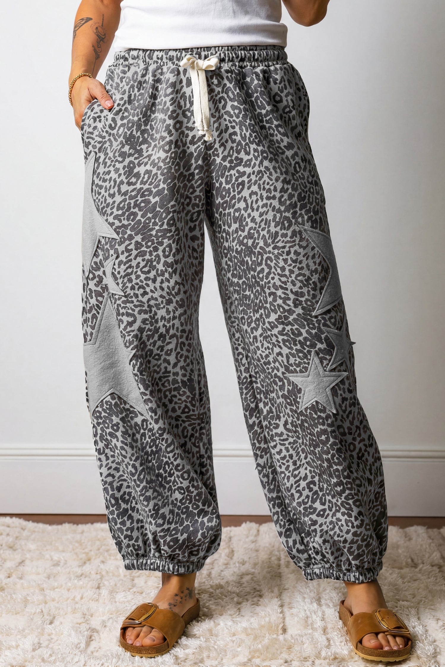 Gray Leopard Print Star Patched Drawstring Elastic Waist Jogger Pants 🇺🇲