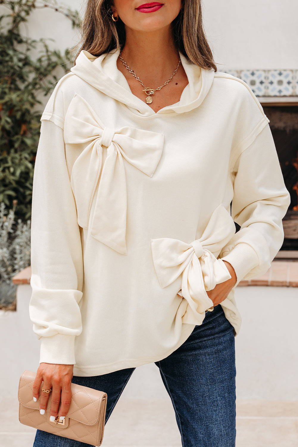 White Solid Color Cute Bow Detail Loose Hoodie 🇺🇲