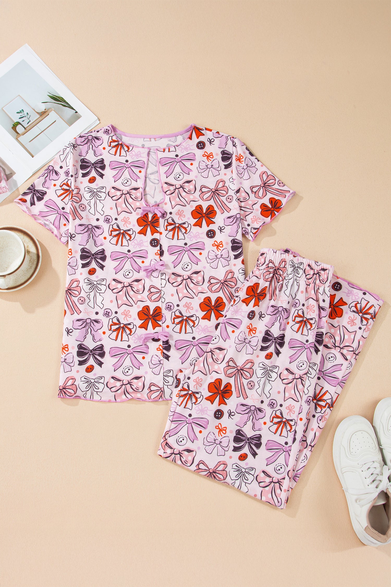 Pink Diverse Bows Buttons Printed Contrast Trim Short Sleeve Shirt Pajama Pant Set 🇺🇸