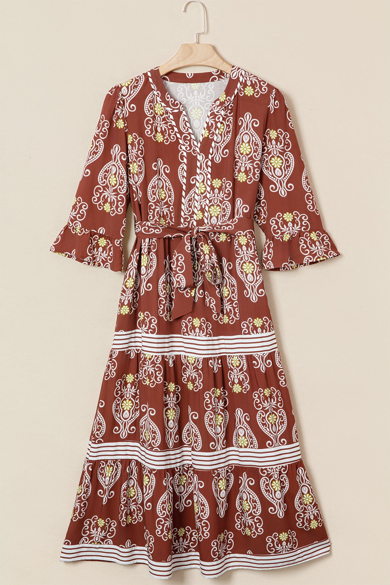 Brown Floral Print Belted Striped Trim Tiered Maxi Dress 🇺🇸