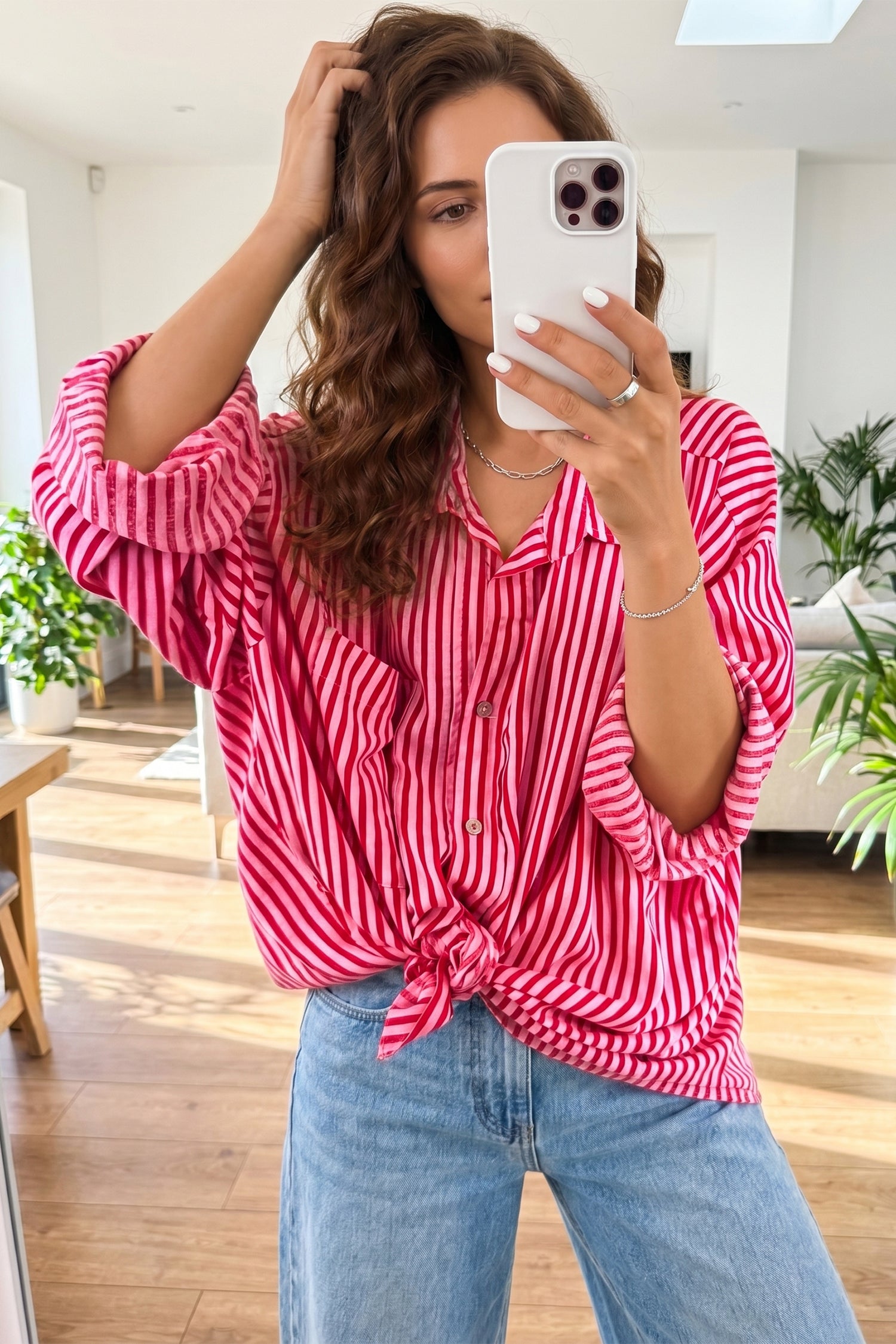 Red Stripe Button-Up Shirt Long Sleeve Patch Pocket Casual Shirt 🇺🇸