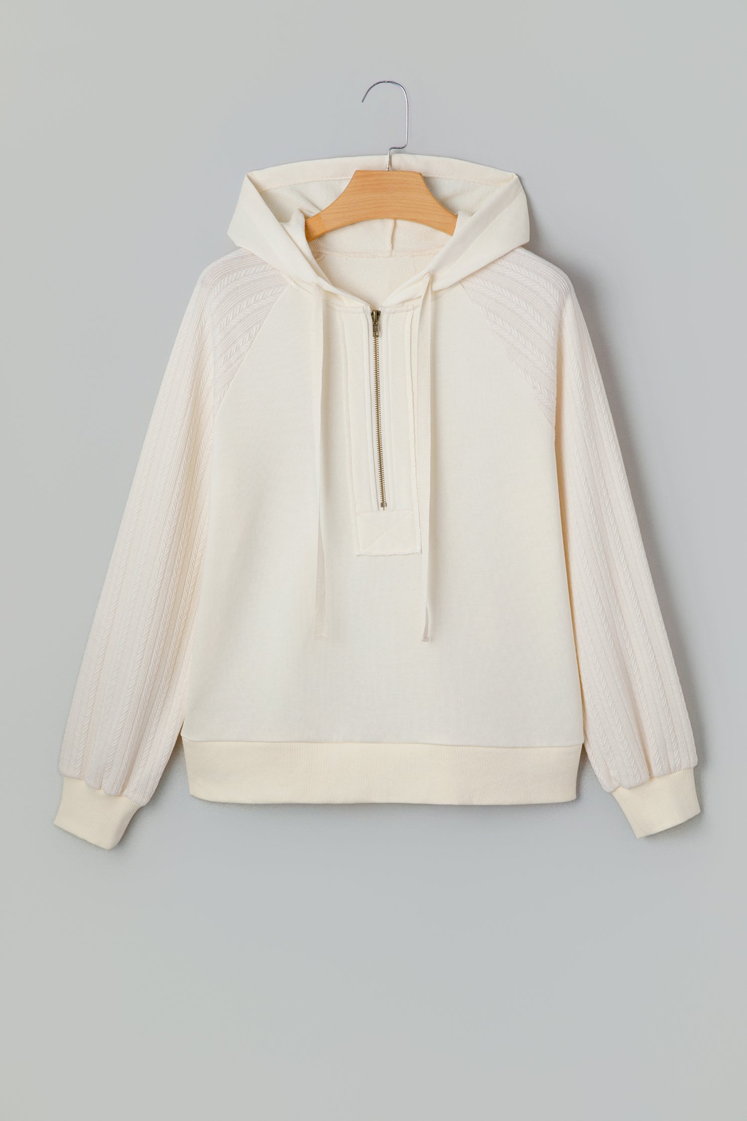 Beige Solid Color Textured Sleeve Patchwork Half Zip Hoodie 🇺🇸