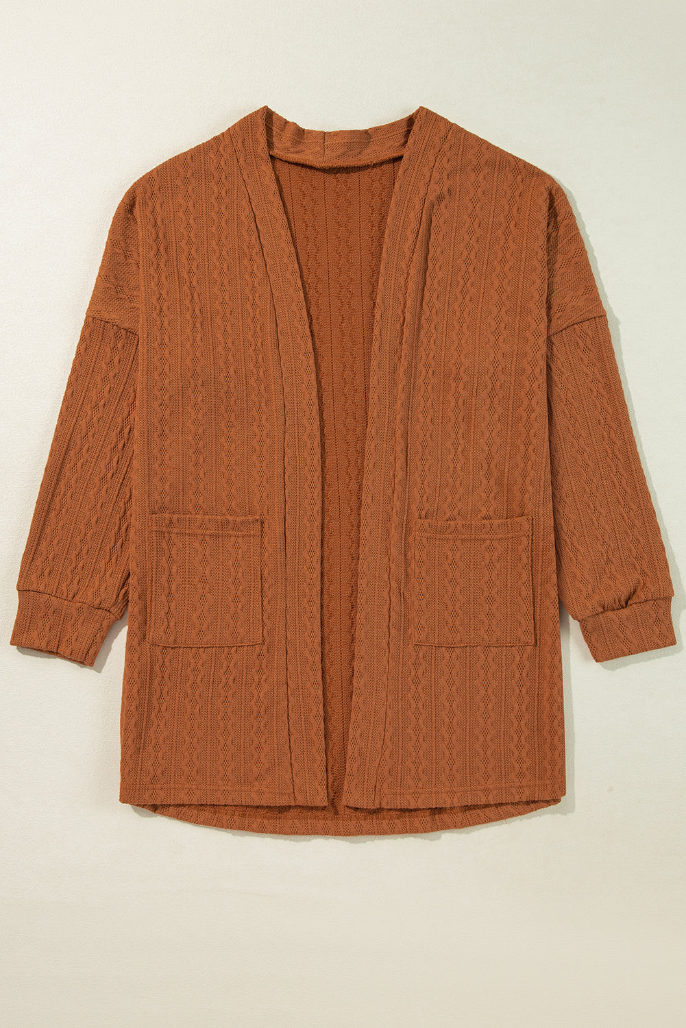 Chestnut Textured Knit Side Pockets Open Front Cardigan 🇨🇳