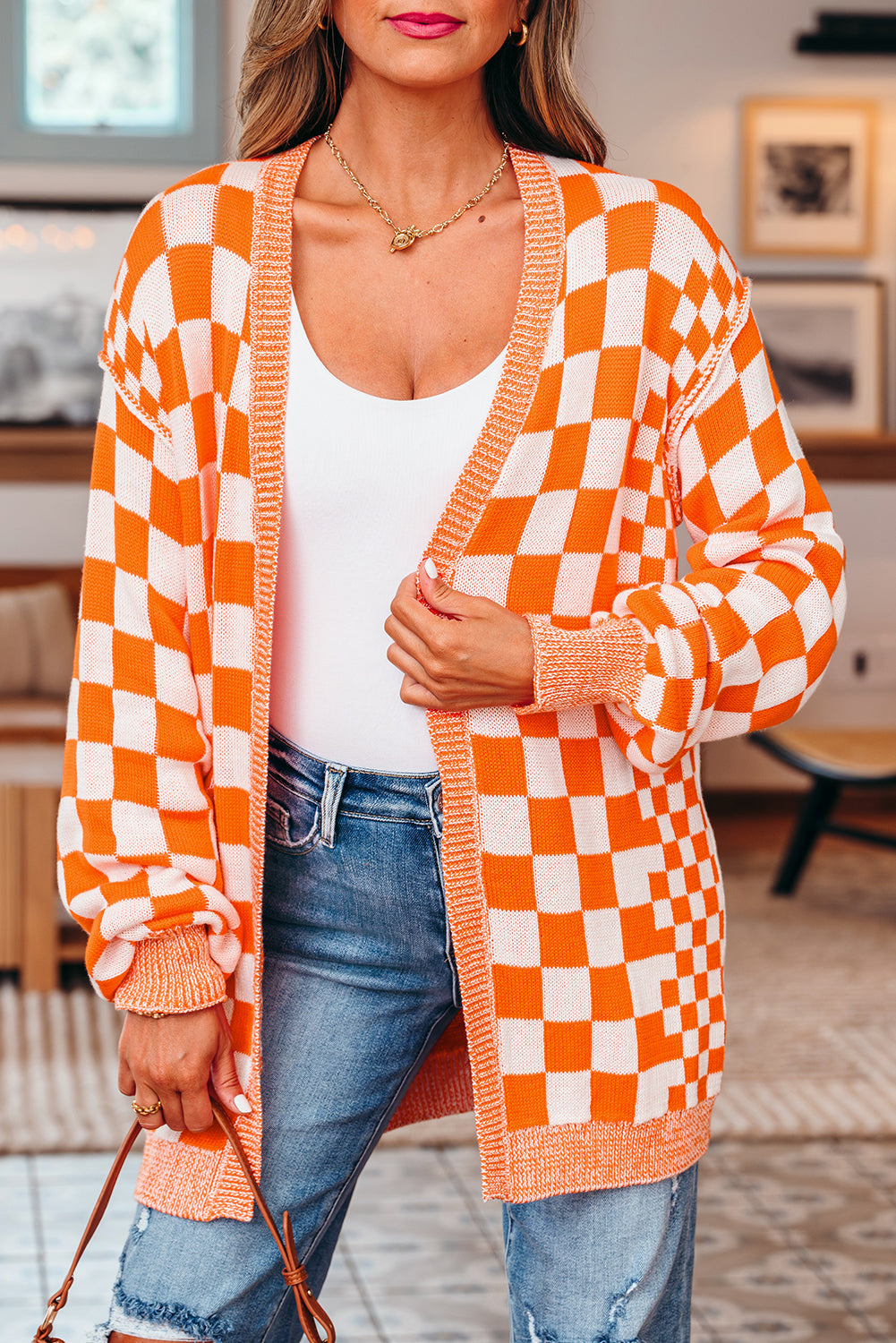 Orange Checkered Open Front Drop Shoulder Cardigan 🇺🇸
