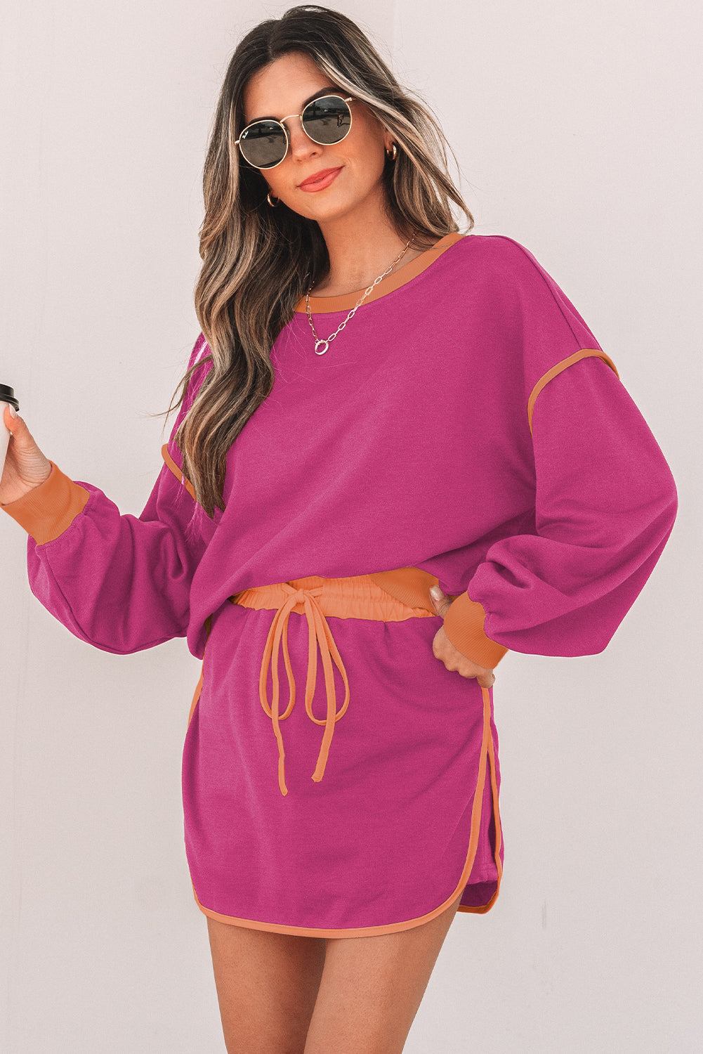 Rose Red Color Contrast Loose Pullover and Lace-up Waist Skort Set 🇨🇳