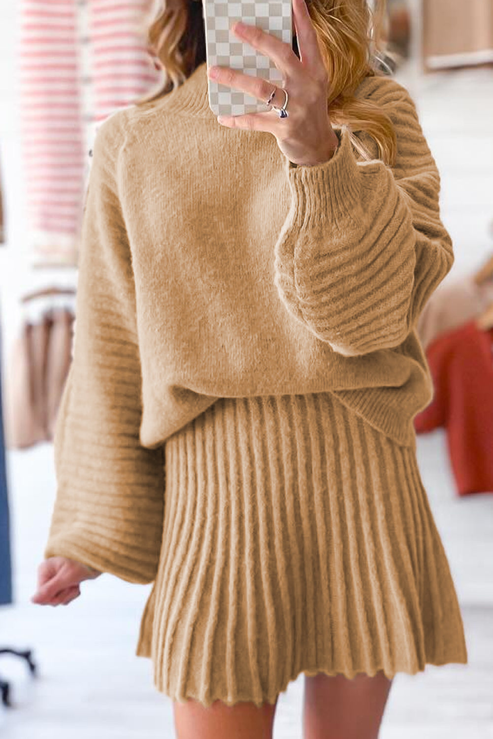 Smoke Gray High Neck Puff Sleeve Sweater Pleated Mini Skirt 2pcs Knitted Outfit 🇺🇸