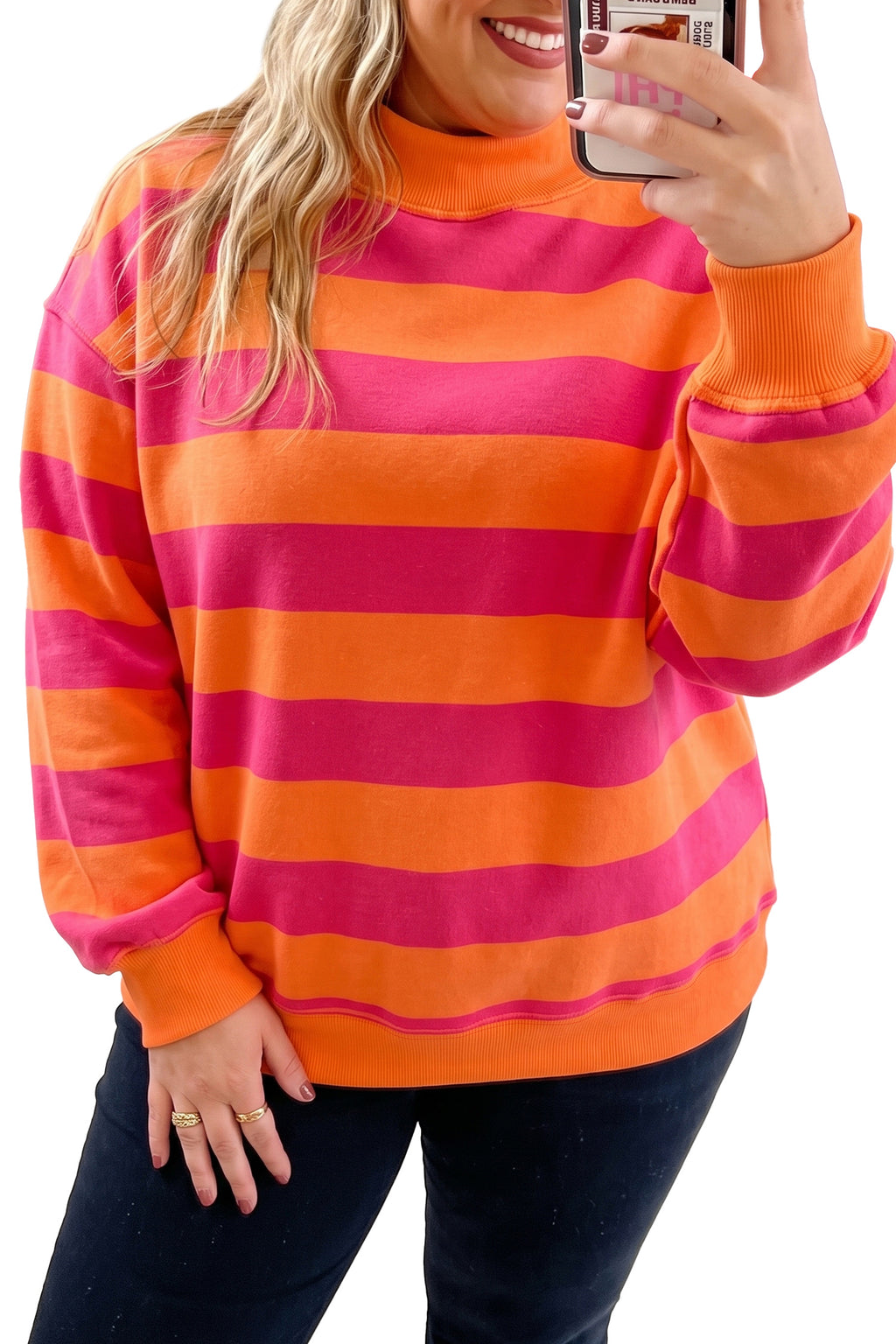 Orange Stripe Ribbed Trim Stand Neck Dropped Shoulder Plus Size Sweatshirt 🇺🇸
