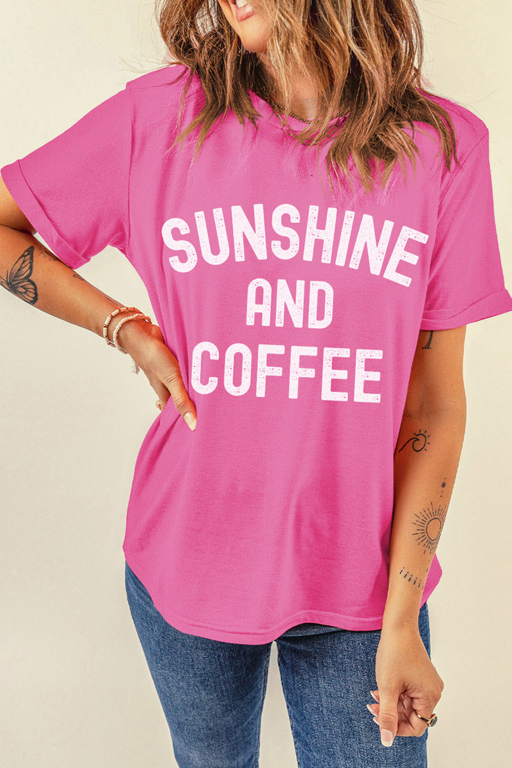 Sachet Pink SUNSHINE AND COFFEE Summer Beachwear Graphic Tee 🇺🇸