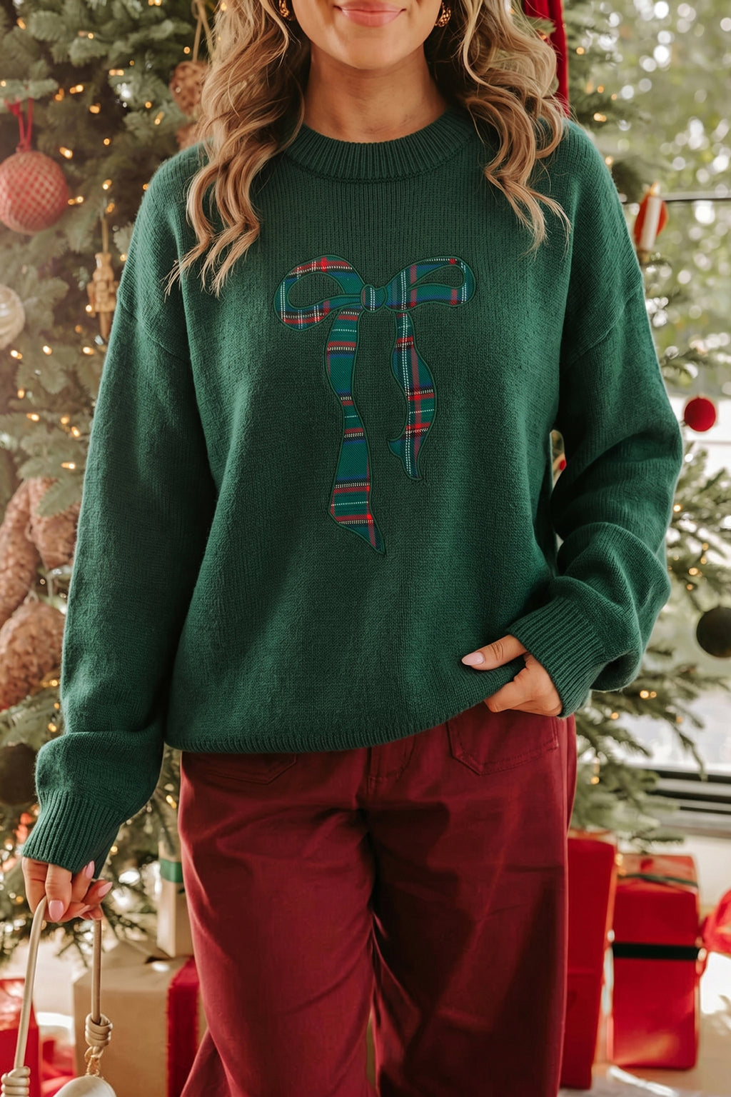 Blackish Green Plaid Bow Detail Drop Shoulder Christmas Sweater 🇺🇸