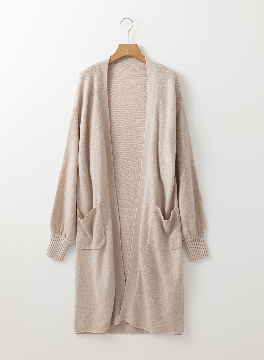 Beige Side Pockets Open Front Long Knitted Cardigan 🇨🇳