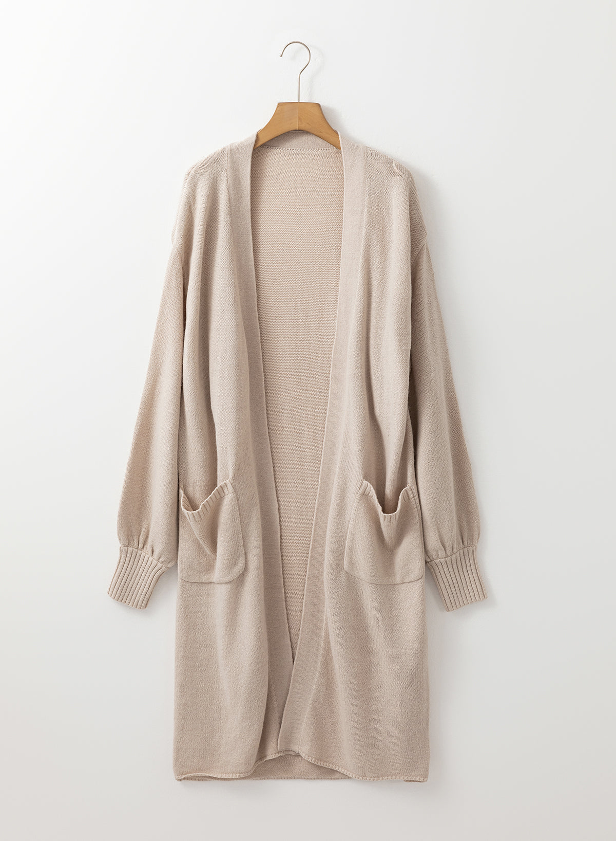 Beige Side Pockets Open Front Long Knitted Cardigan 🇨🇳