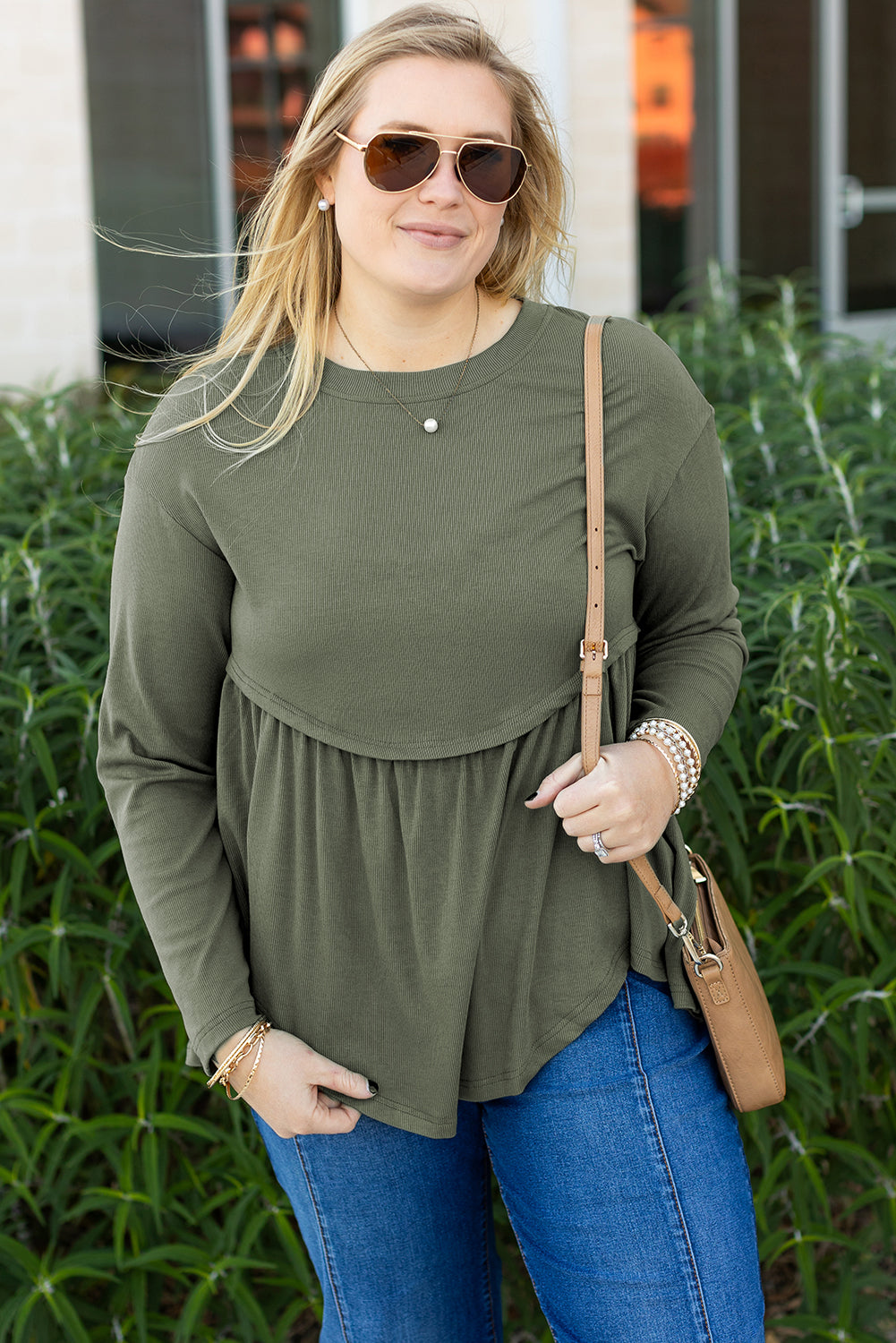 Mist Green Plus Size Thermal Knitted Babydoll Flare Top 🇺🇸