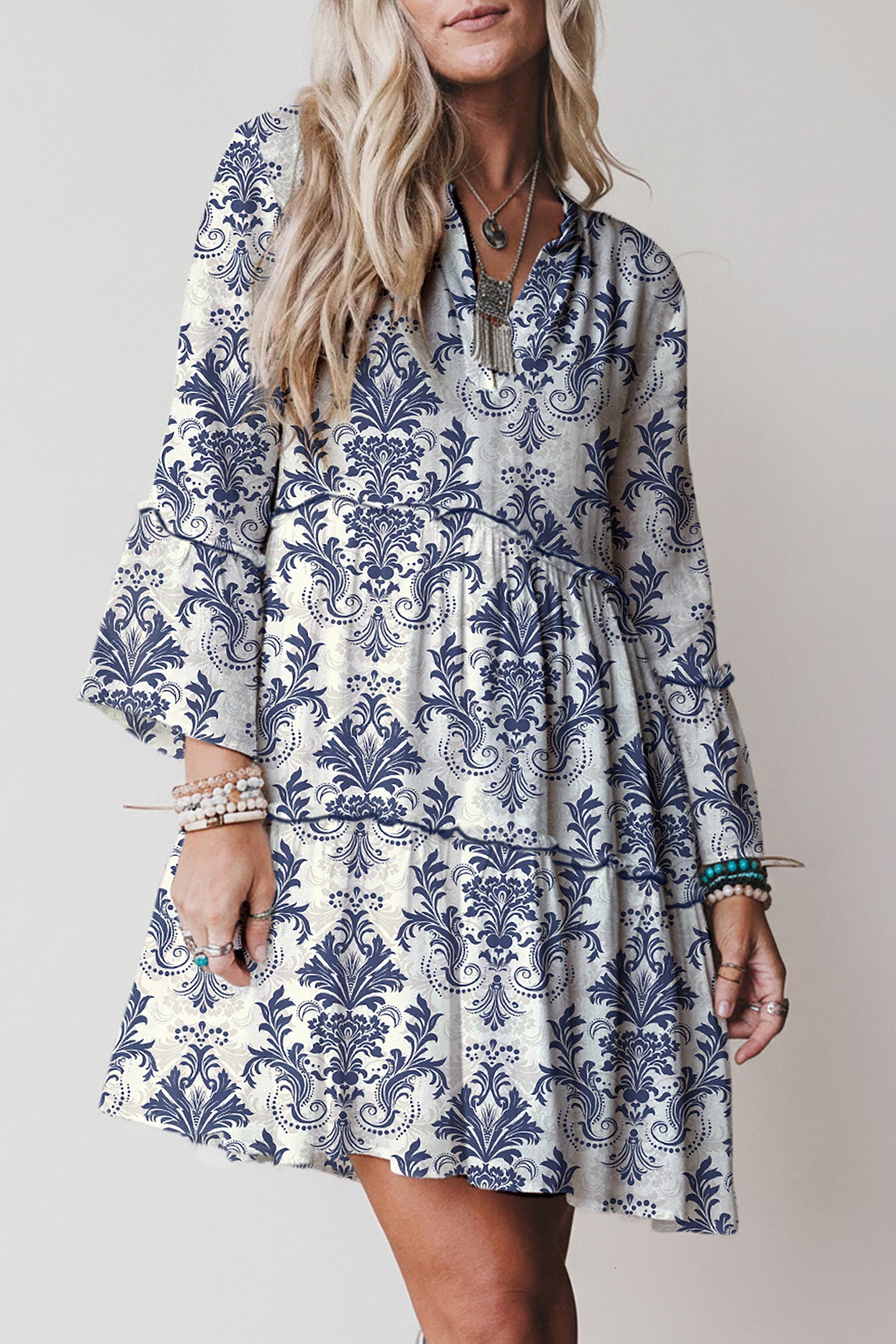 Sky Blue Boho Floral Print Lettuce Trim 3/4 Sleeve Mini Dress 🇺🇸
