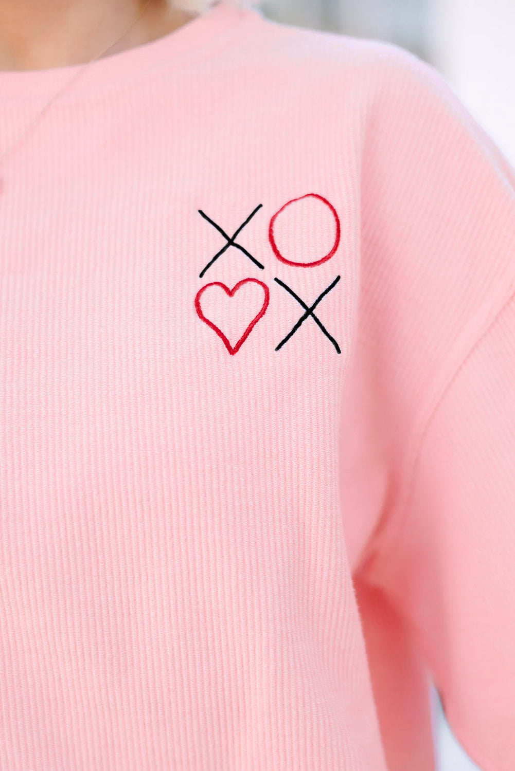 Pink 3d Ribbed XOXO Heart Embroidered Drop Shoulder Sweatshirt 🇺🇸