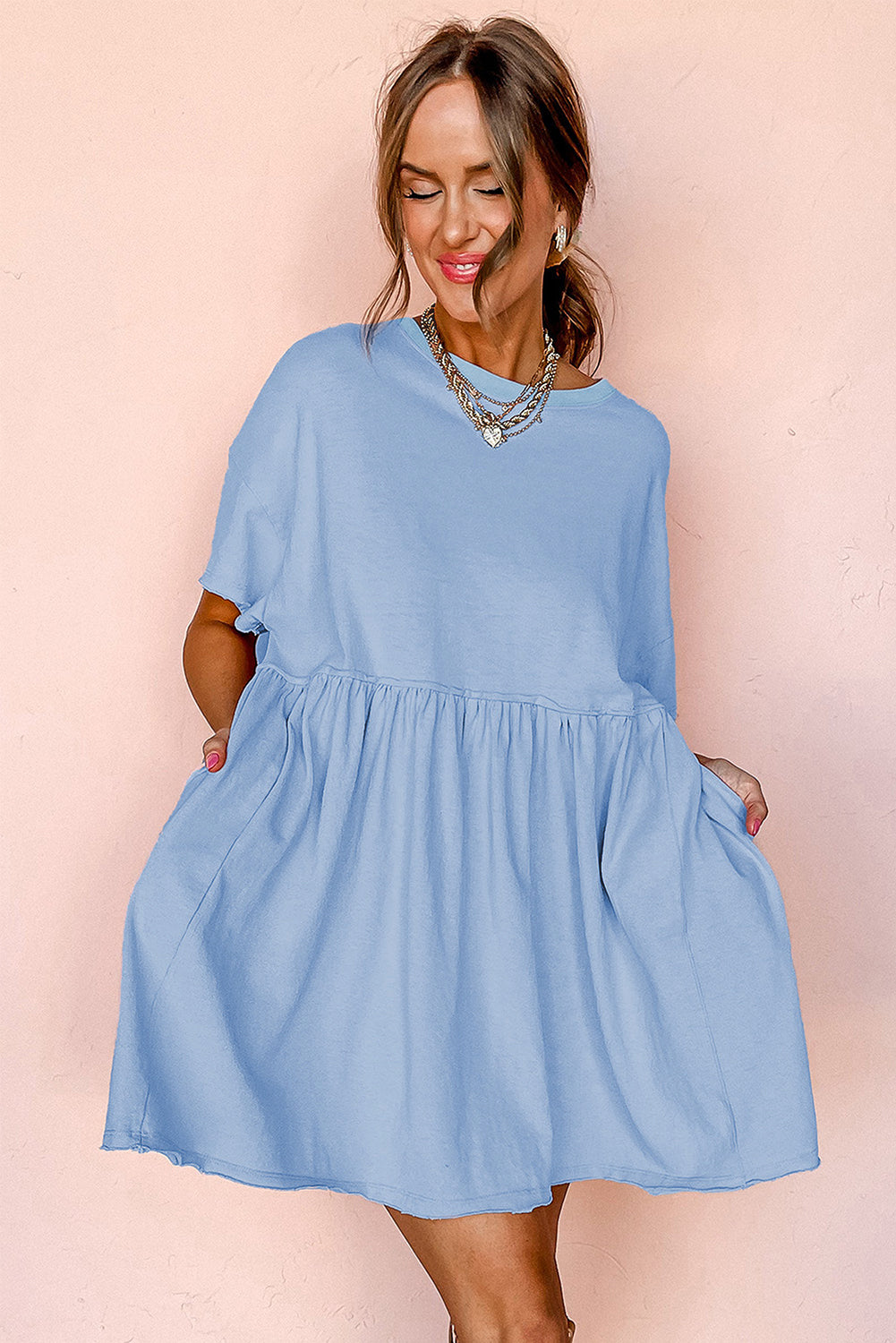 Sky Blue Solid Color Pocketed Raw Edge Babydoll Dress 🇨🇳