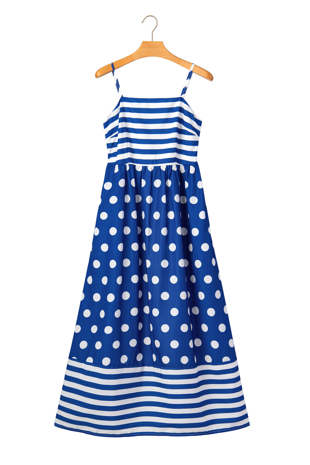 Blue Striped Polka Dot Patchwork High Waist Spaghetti Straps Maxi Dress 🇺🇸