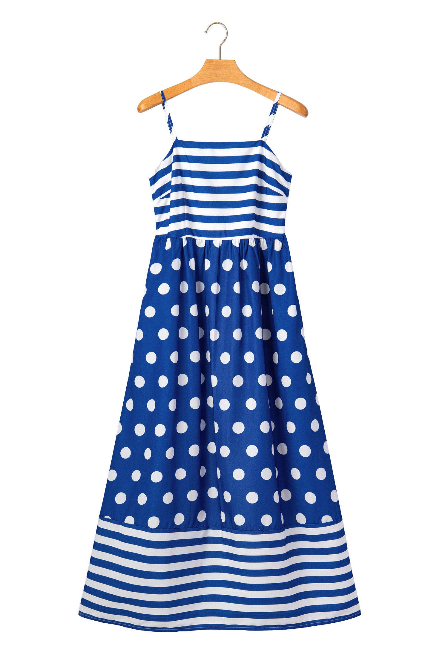 Blue Striped Polka Dot Patchwork High Waist Spaghetti Straps Maxi Dress 🇺🇸