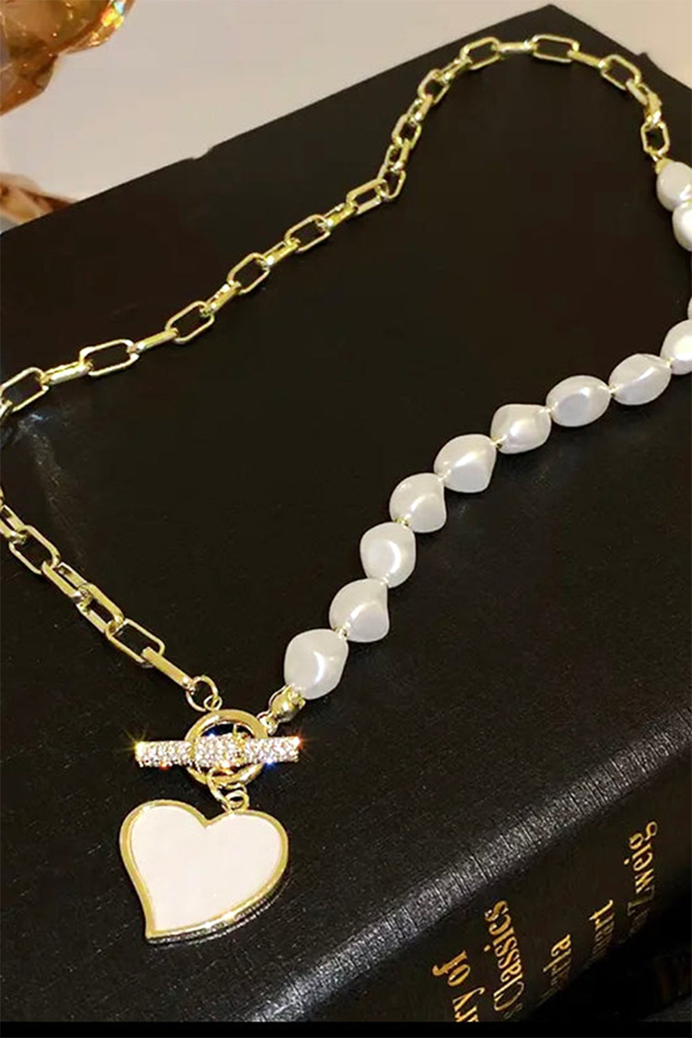 Gold Heart Shape Pendant Rhinestone Decor Pearl Chain Necklace 🇨🇳