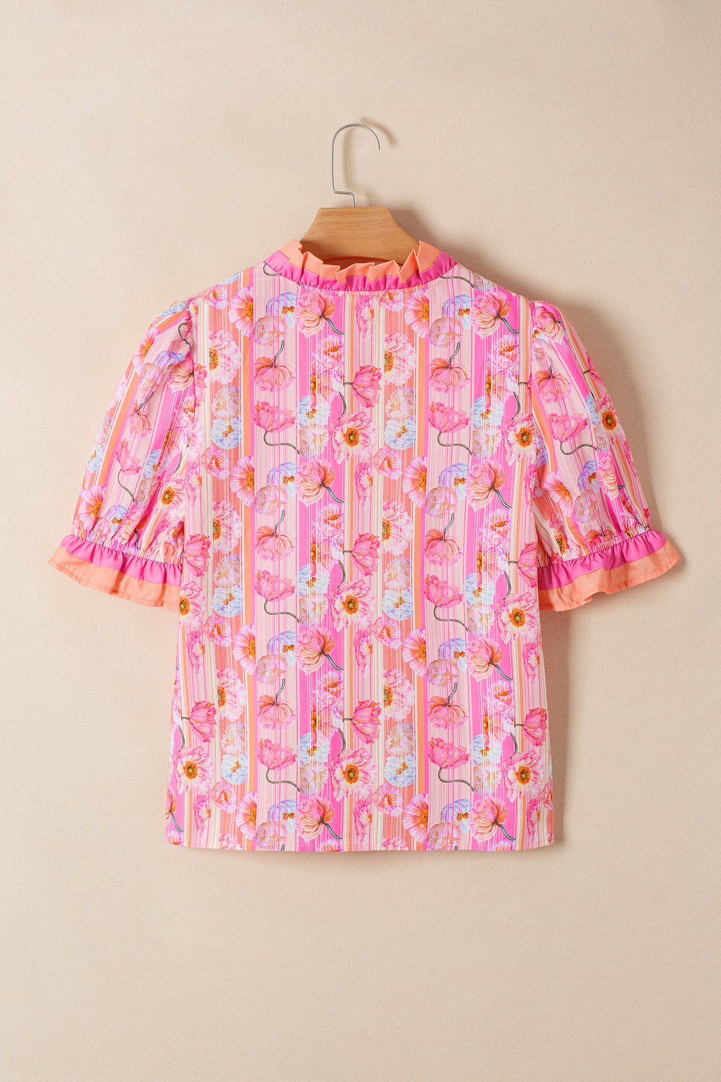 Pink Poppy Flower Striped Print Color Block Trim V Neck Short Sleeve Blouse 🇺🇸