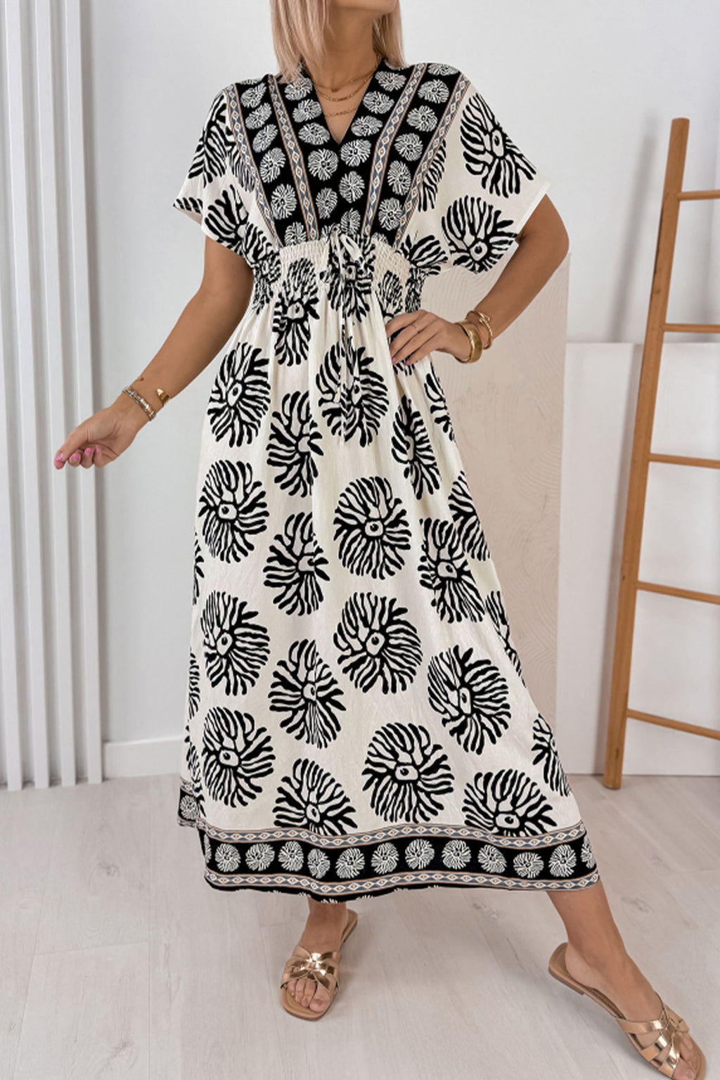 Blue Boho Floral Print Contrast Patchwork V Neck Dolman Maxi Dress 🇺🇸