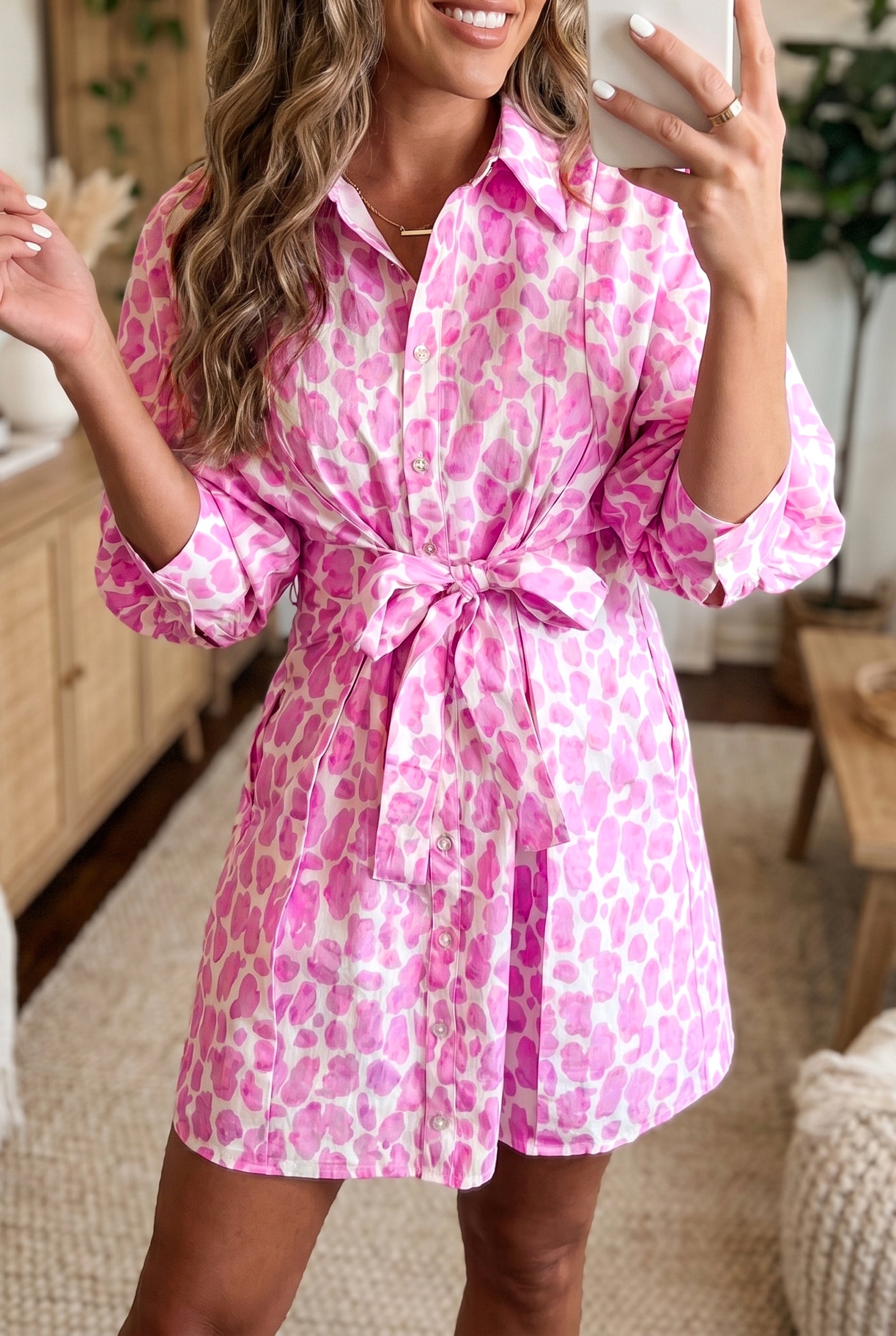 Pink Abstract Leopard Print Tie Waist Puff Sleeve Mini Shirt Dress 🇺🇸