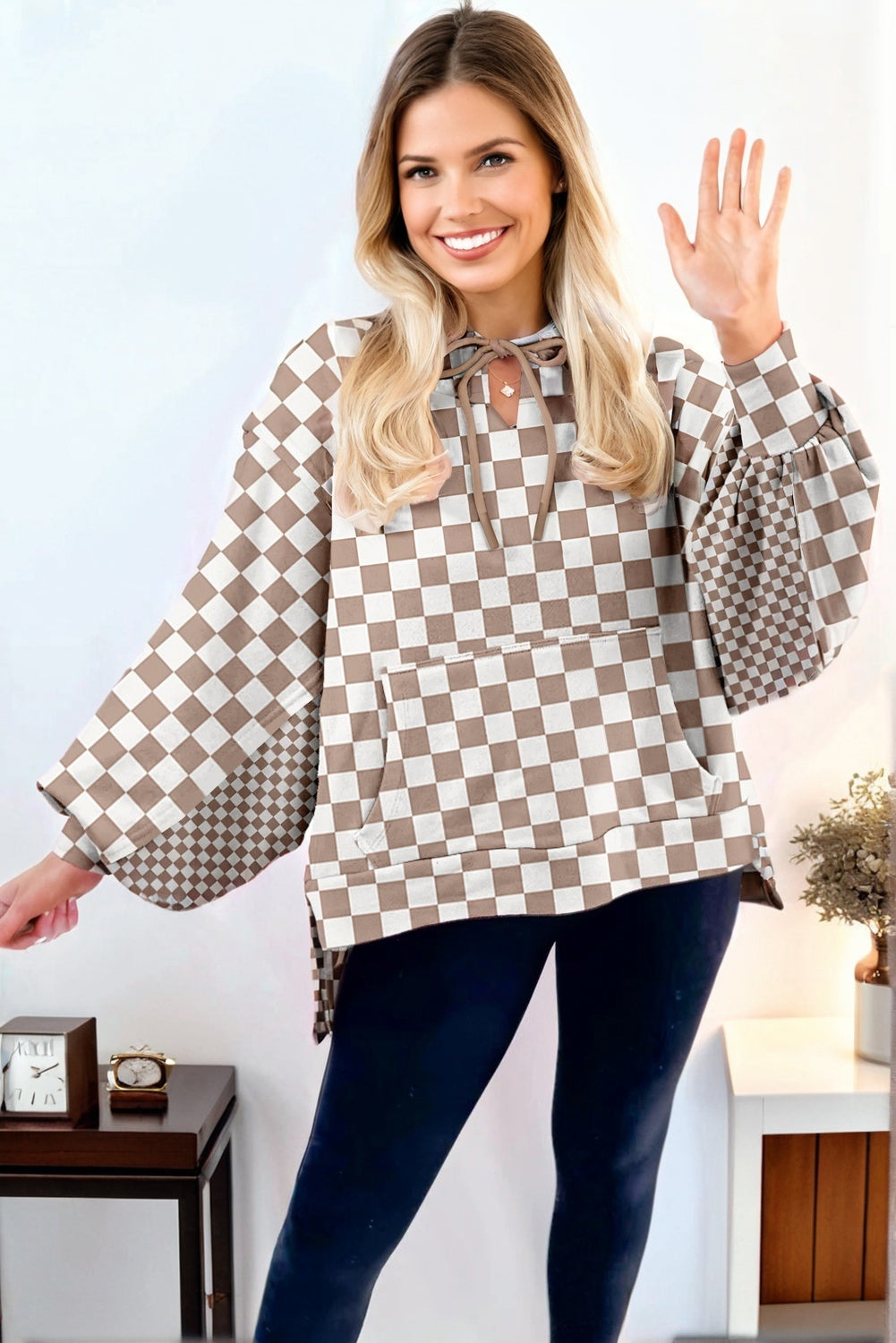 Khaki Double Checkered Patchwork Tie Neck Oversize Hoodie 🇺🇸