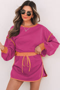 Rose Red Color Contrast Loose Pullover and Lace-up Waist Skort Set 🇨🇳