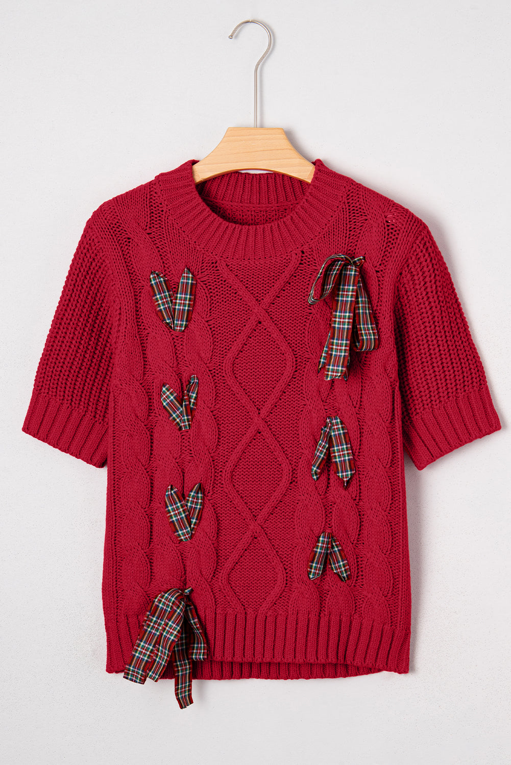 Fiery Red Plaid Lace up Detail Christmas Holiday Puff Short Sleeve Sweater 🇺🇸