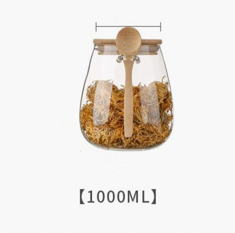 Kitchen Glass Jar Glass Spice Jar Bamboo Wooden Lid Food Storage Container With Spoon 🇨🇳