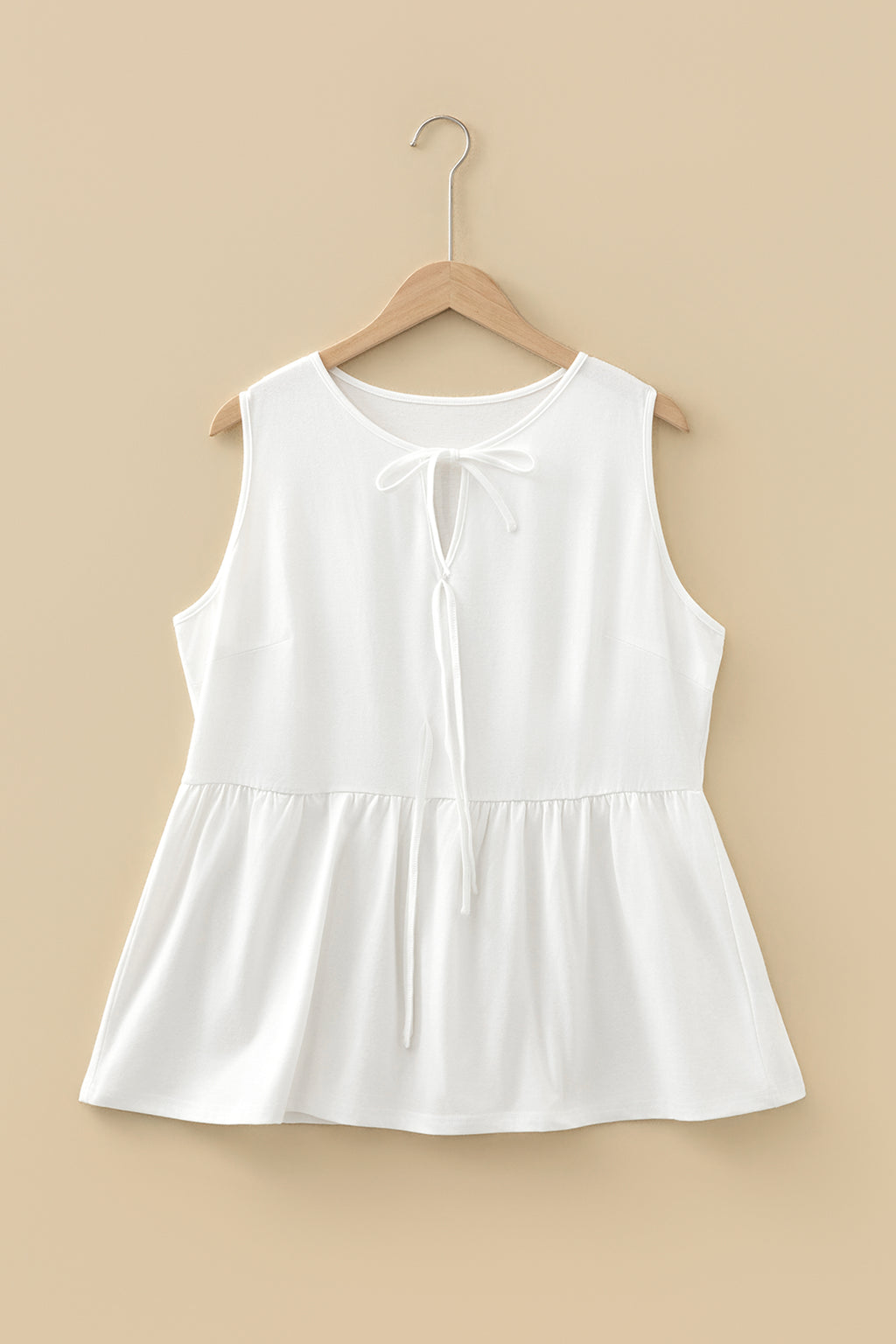 White Plus Size Solid Color Bow Tie Peplum Tank Top 🇺🇸