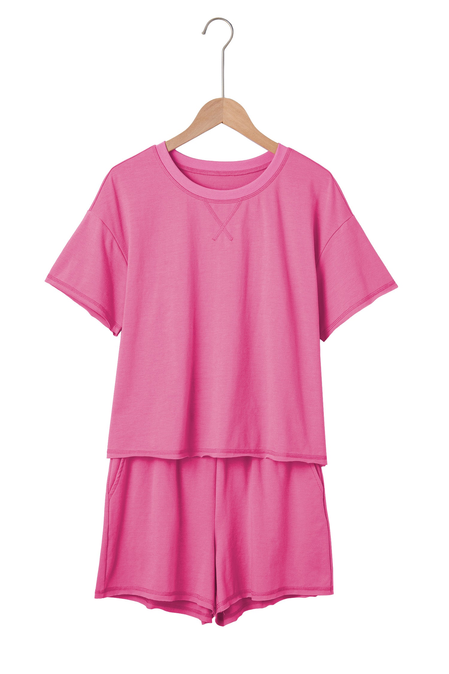 Bright Pink Seam Detail Raw Edge Tee Rainbow Waistband Casual Short Set 🇺🇸