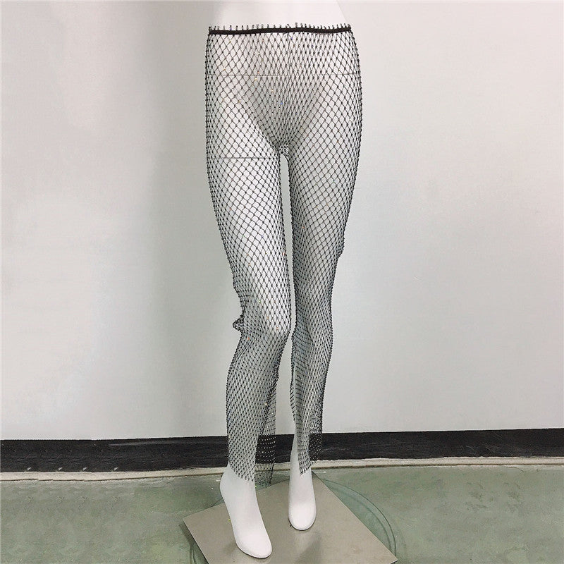 Fishnet Slit Pants Rhinestone Mesh Stretch Leggings 🇨🇳